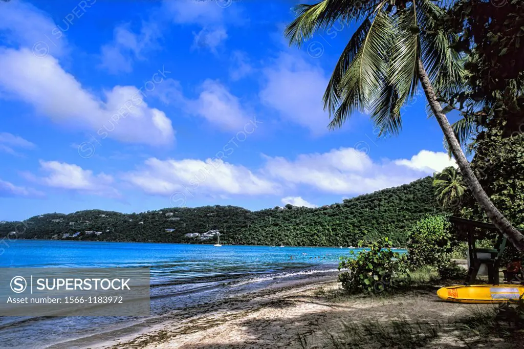 St Thomas beautiful beaches and palms at famous Magens Bay and ocean with waves