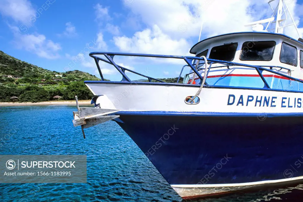 Beautiful old blue boat called V G  Daphne Elise in port harbour of Virgin Gorda in British Virgin Islands