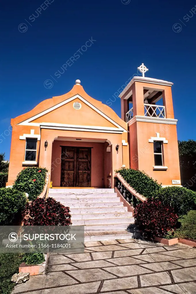 Famous colorful pastel architecture of First Nazarene Church in Bermuda