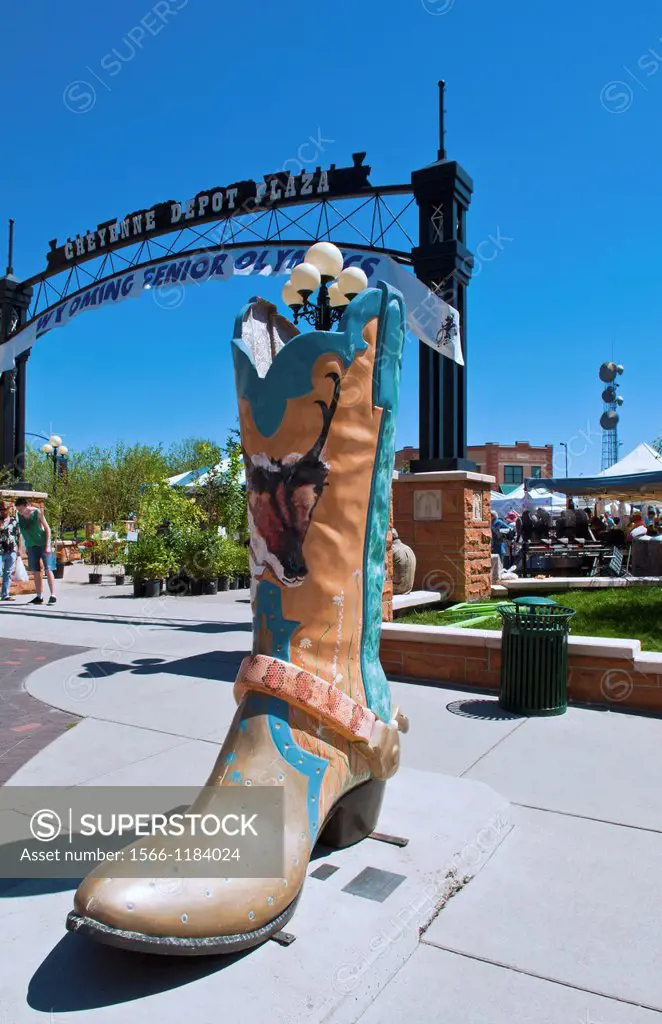 Downtown Cheyenne Wyoming Farmers Market and Special Olympics area with big cowboy boot artwork