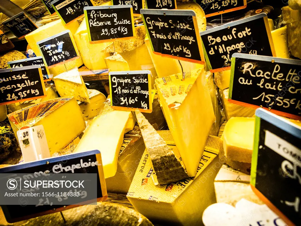 Cheese at Marche de Talensac market, Nantes, Pays de la Loire, France, Europe
