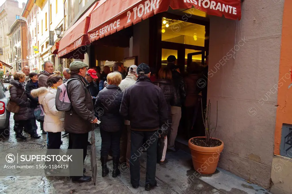 People waiting to get into 2 Torri self service restaurant Quadrilatero central Bologna city Emilia-Romagna region northern Italy Europe