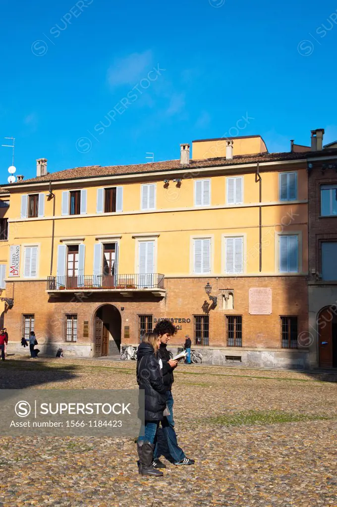 Tourist couple with map at Piazzale San Giovanni square central Parma city Emilia-Romagna region central Italy Europe