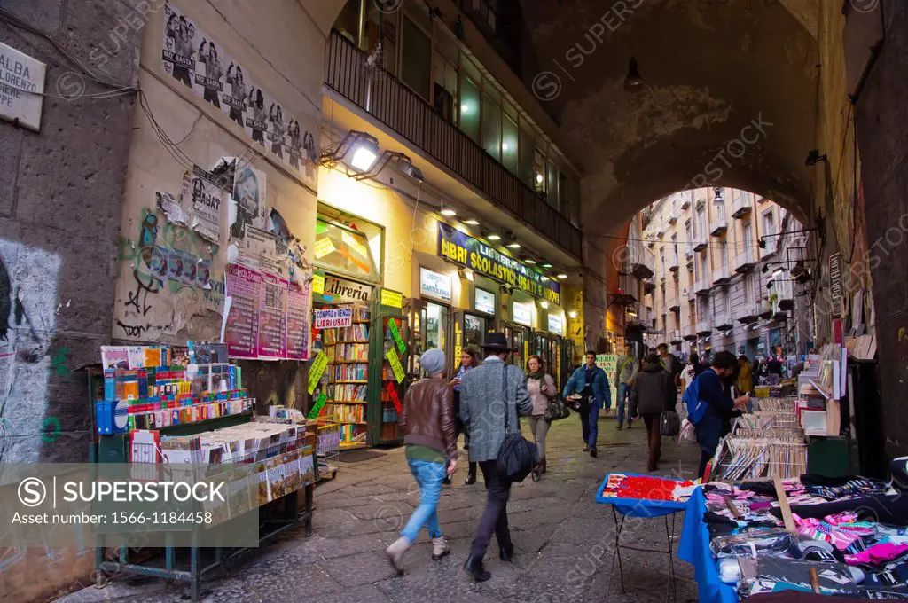 Bookshops along Port Alba alley off Piazza Dante square central Naples city La Campania region southern Italy Europe