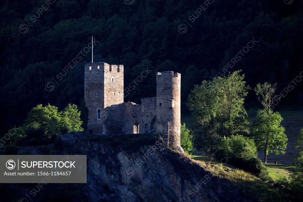 Ruins of castle of St. Mary in small town Luz-Saint-Sauveur in Hautes-Pyrénées, f France
