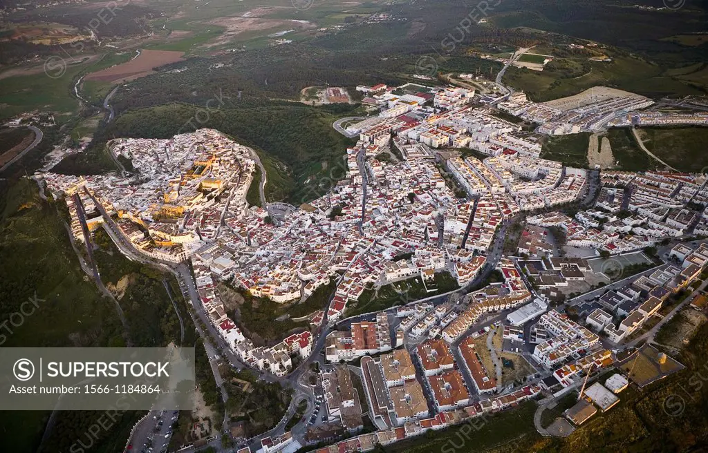 Aerial view of ´Vejer de la Frontera´ small white village from Costa de la Luz Cádiz area, Spain.