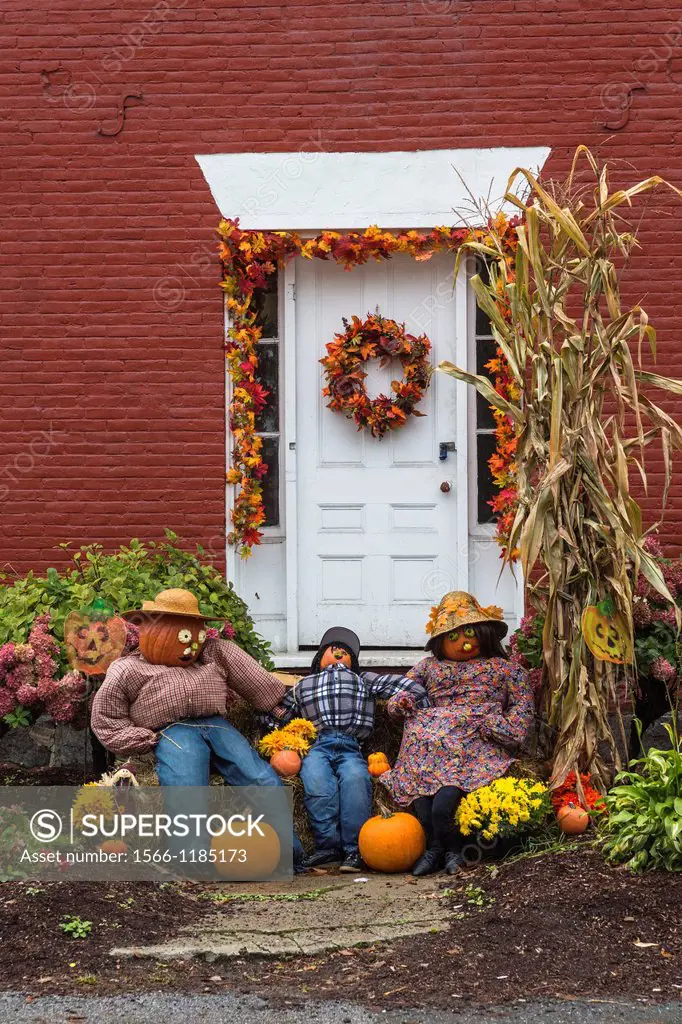 Close up of a decorated door in autumn, Stowe, Vermont, USA