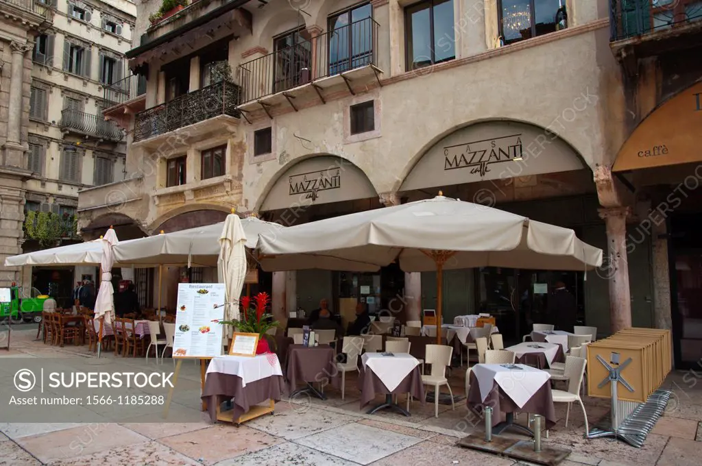 Restaurant cafe terrace Piazza delle Erbe square old town Verona city the Veneto region northern Italy Europe
