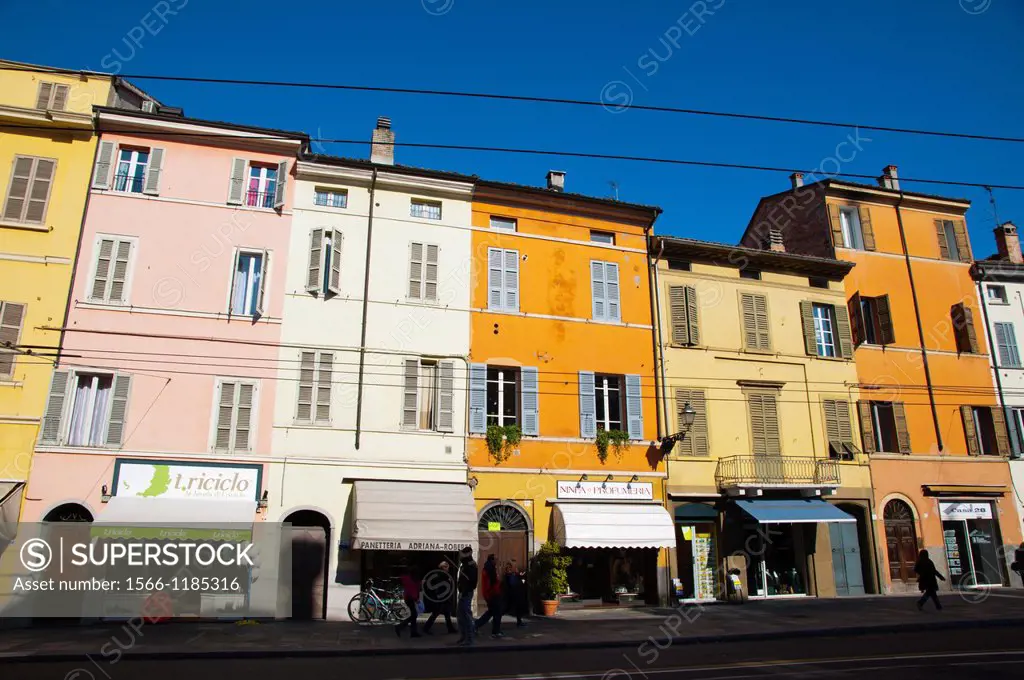 Shops and houses along Strada della Republica street central Parma city Emilia-Romagna region central Italy Europe