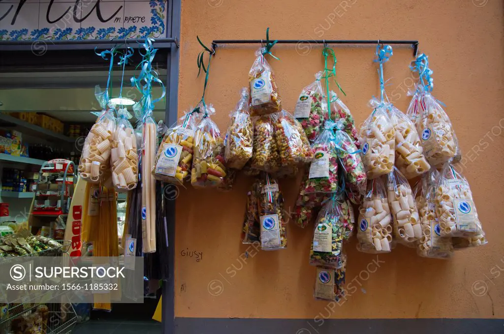 Pasta and spaghetti hanging outside a shop Spaccanapoli street centro storico the old town Naples city La Campania region southern Italy Europe