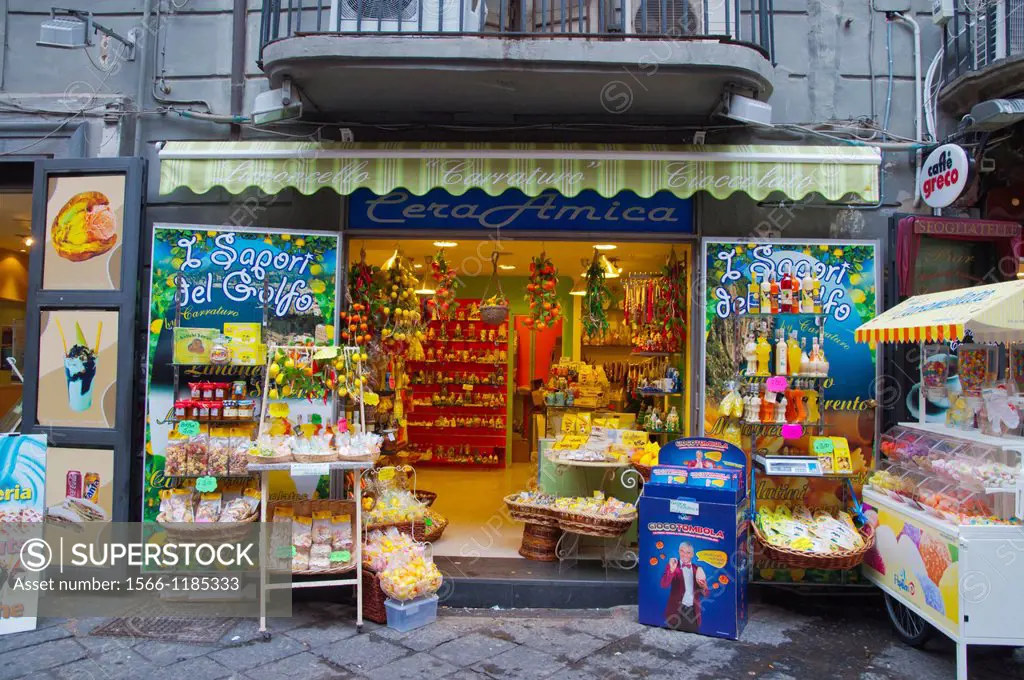 Souvenir shop selling sweets and ceramics Spaccanapoli street centro storico the old town Naples city La Campania region southern Italy Europe