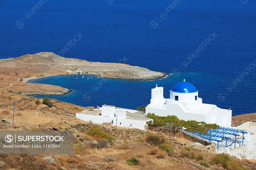Greece, Cyclades Islands, Serifos island, Platis Gialos beach and Skopiani church