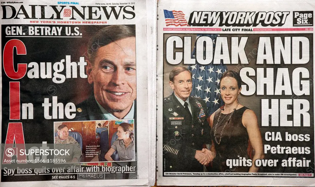 New York daily newspapers report on Saturday, November 10, 2012 about the affair between CIA Director Gen David Petraeus and his biographer Paula Broa...