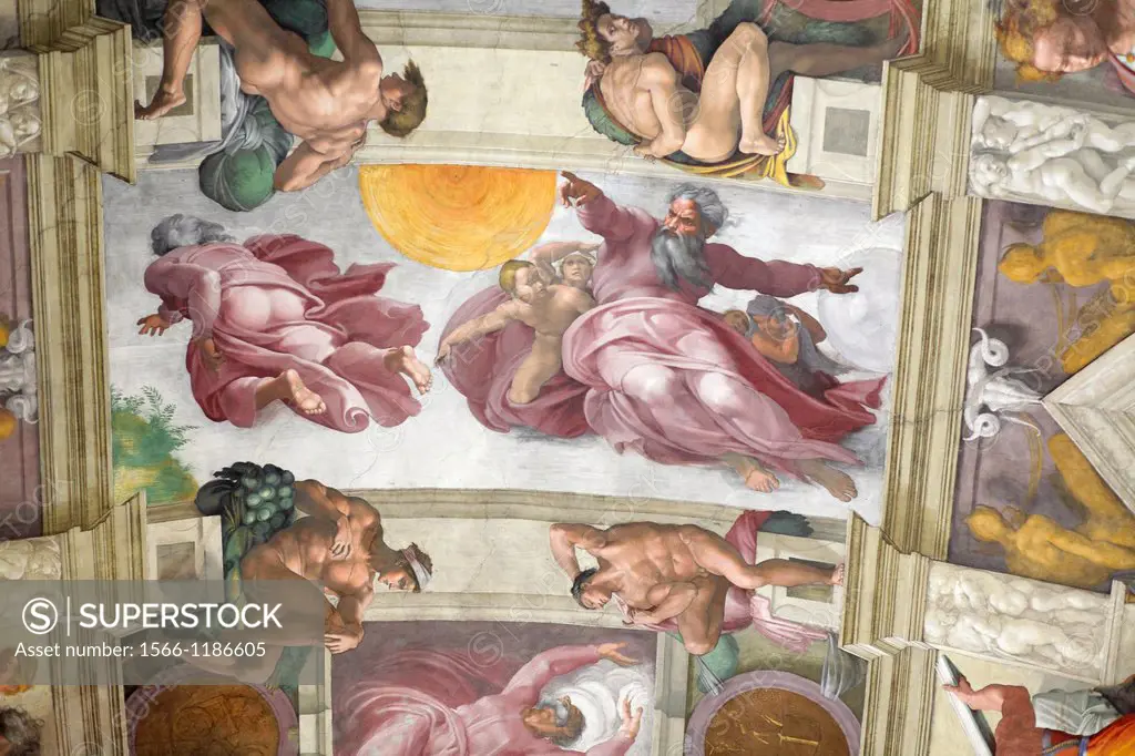 Creation of Sun and Moon at Sistine chapel by Michelangelo, Vatican, Rome, Italy