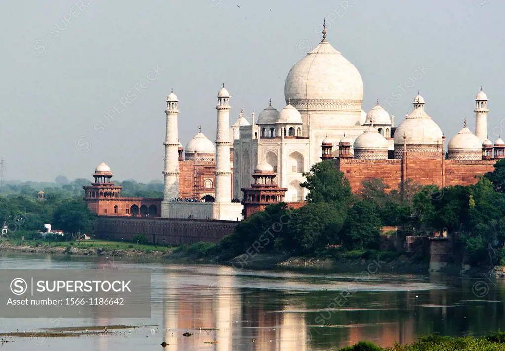 Taj Mahal on banks of River Yamuna Agra Uttar Pradesh India