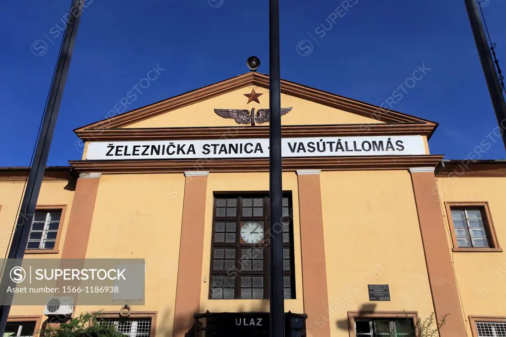Serbia, Vojvodina, Subotica, railway station, bilingual sign, Serbian, Hungarian,