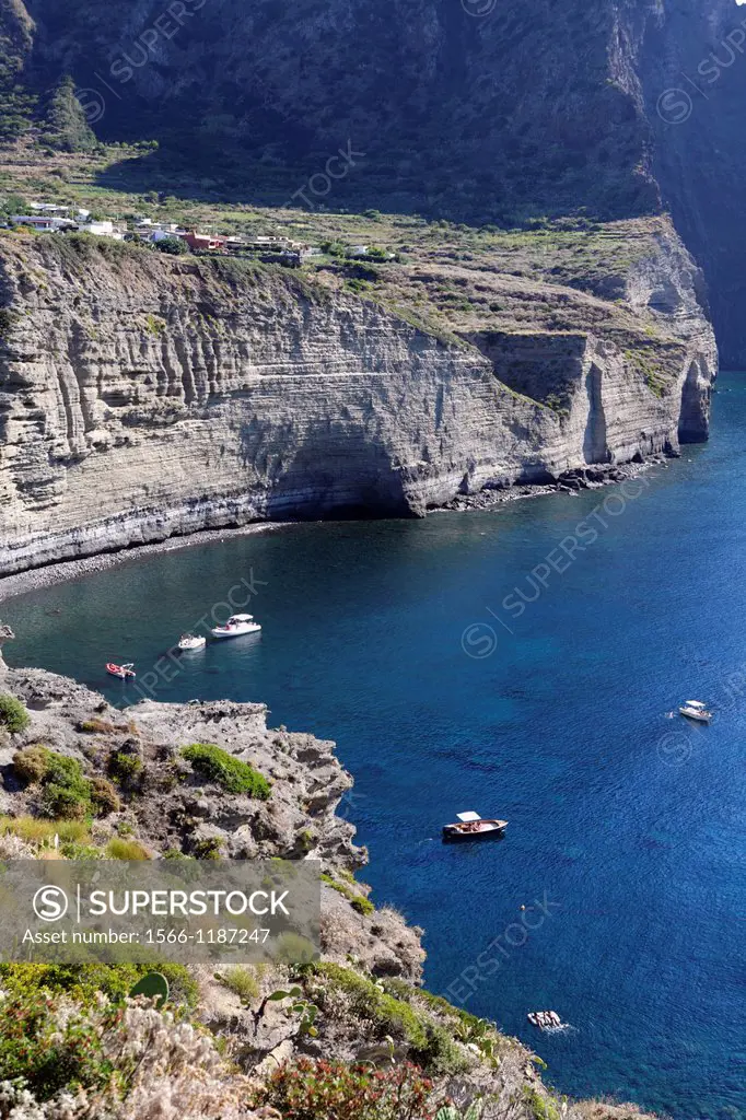 Elevated view of Pollara bay, Salina, Aeolian islands, Sicily, Italy