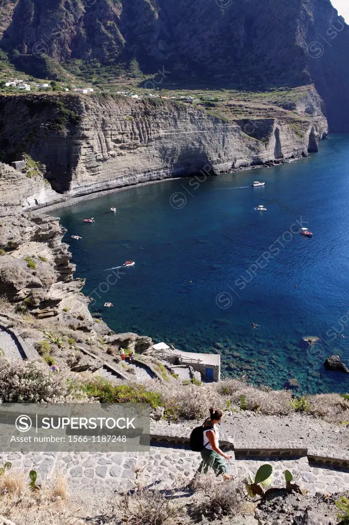 Elevated view of Pollara bay, Salina, Aeolian islands, Sicily, Italy
