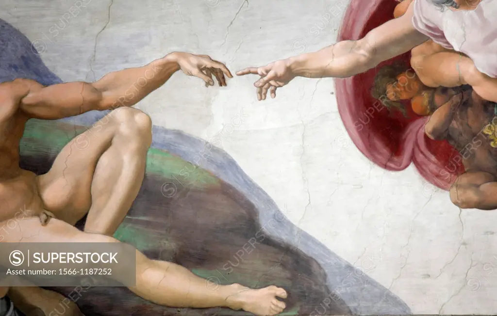 The Creation of Adam by Michelangelo at the Sistine chapel, Vatican, Rome, Italy