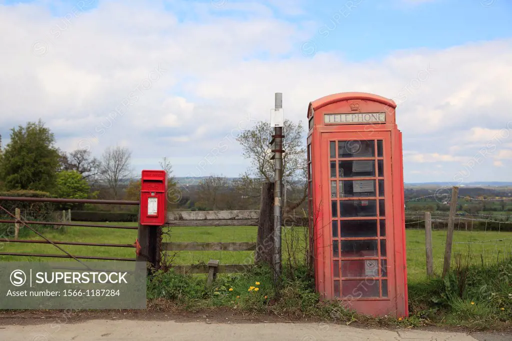 Red Phone box and post box on country road, LLay, Wrexham, North Wales, United Kingdom