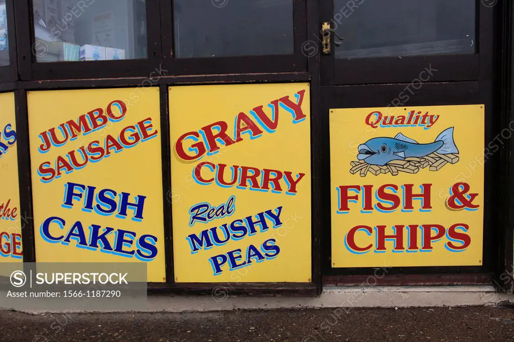Old fashioned Fish and Chips shop sign, Bridlington, Yorkshire, England
