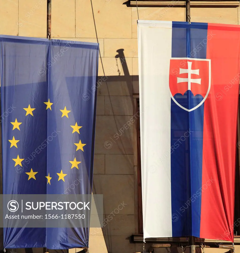 Slovakia, Bratislava, European Union and Slovakian flags,