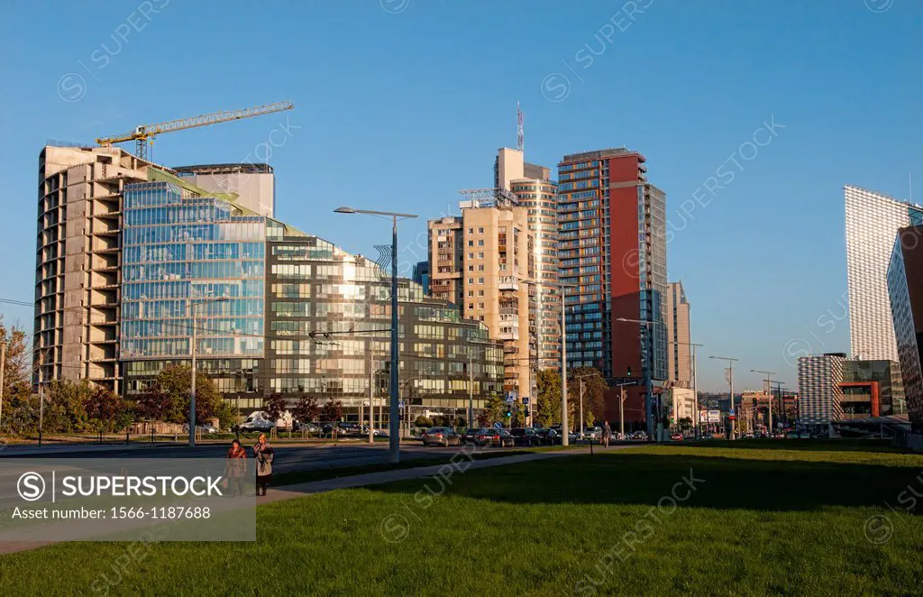 Ultra modern clean city of Vilnius Lithuania Gelezinio Vilko Street downtown with skyline and skyscrapers in Eastern Europe