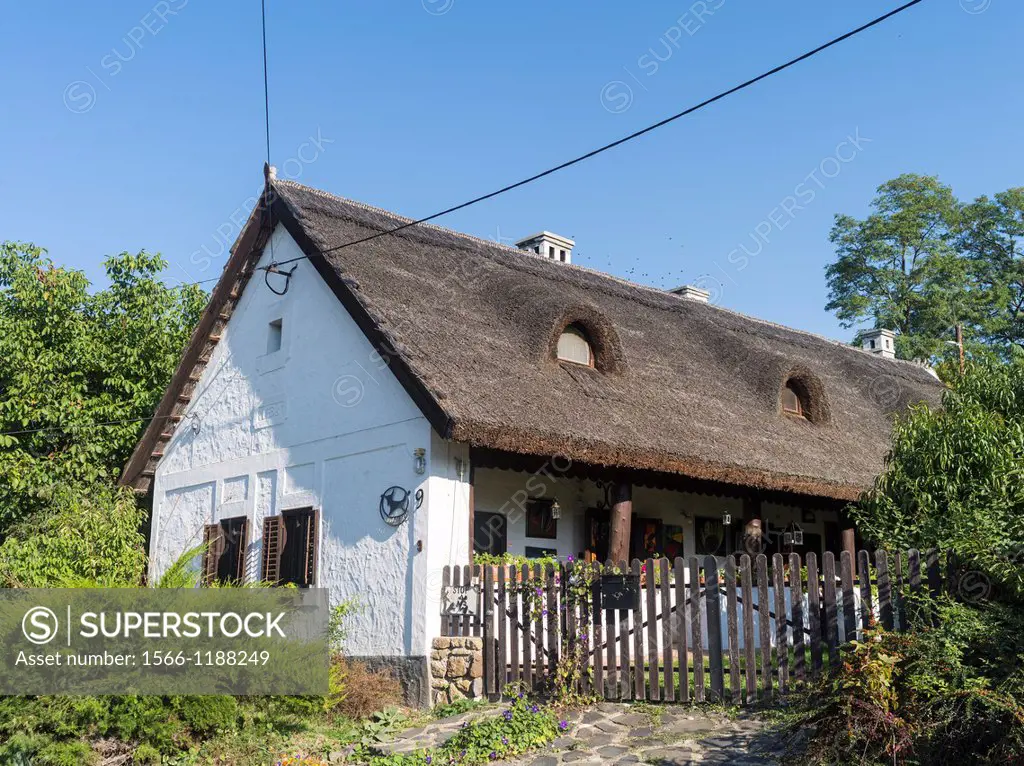 Traditional houses with thatched roofs in Szigleget on the shore of lake Balaton  The traditional fishermen houses are remodeled and very often used a...