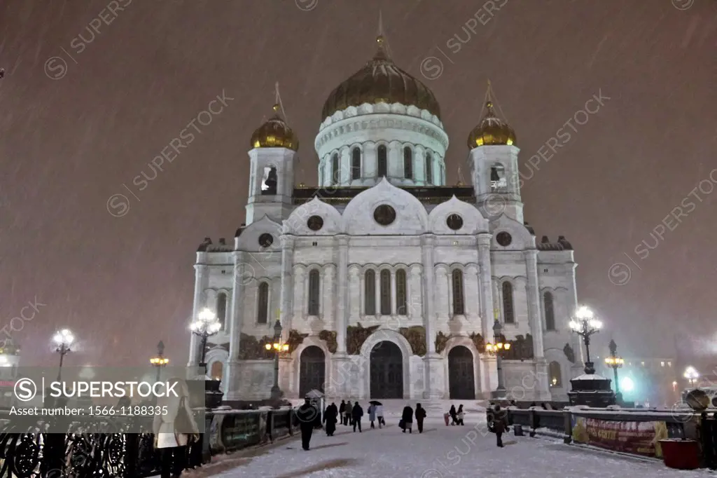 Cathedral of Christ the Savior in a snowing night Moscow Russia