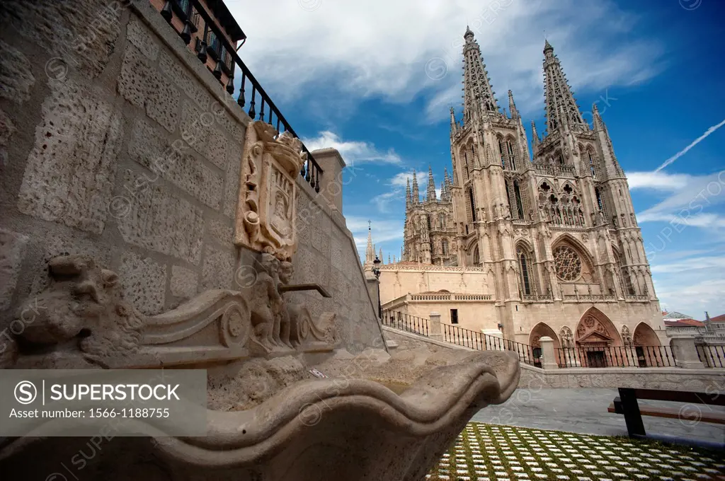 Fountain and Cathedral of Burgos, Spain