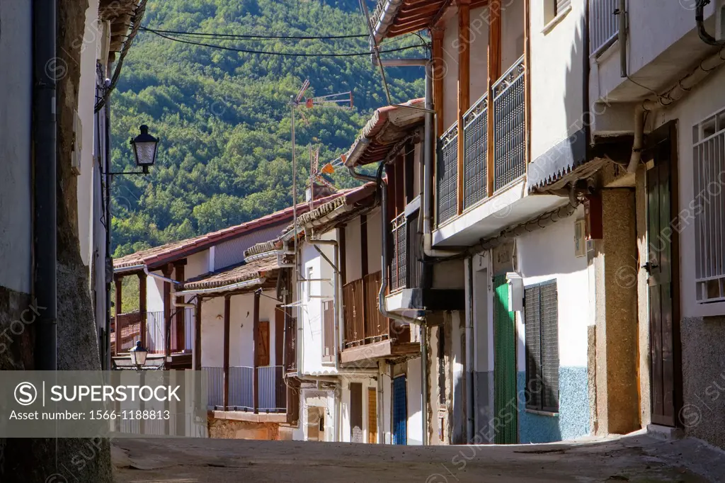 Typical and traditional street of Montemayor del Río, a small village declarated Historical-Artistic Site in Sierra de Béjar, Salamanca province  Cast...