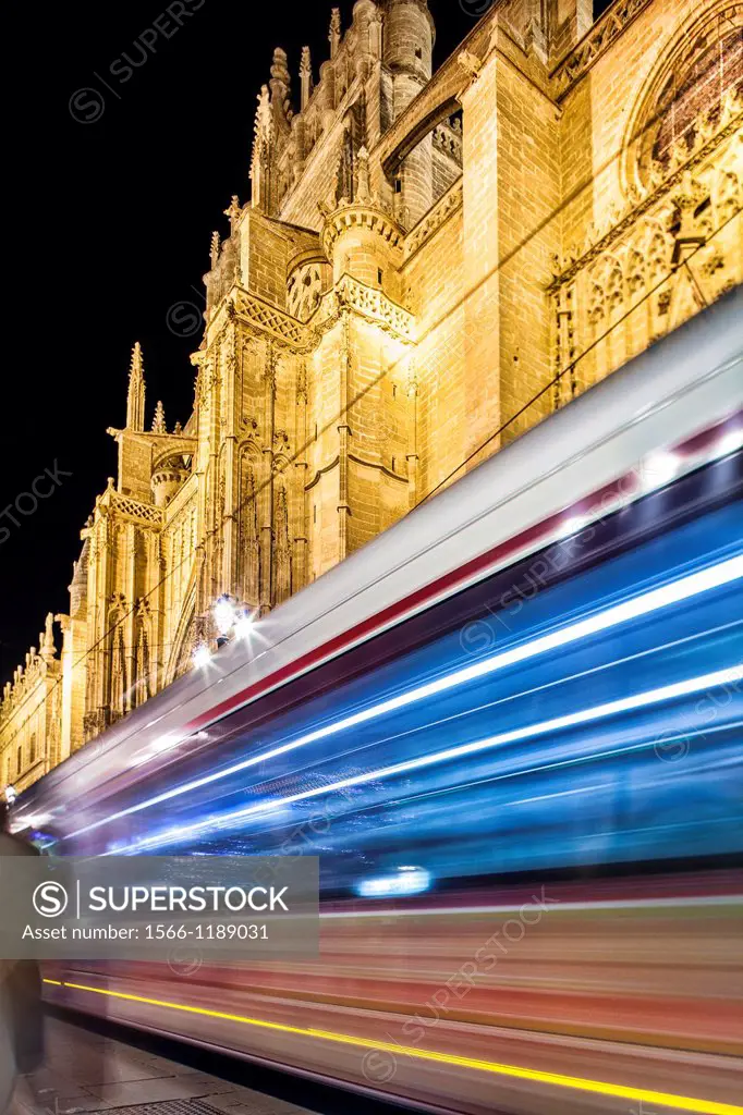 Streetcar passing by in front of Seville´s Cathedral, Spain