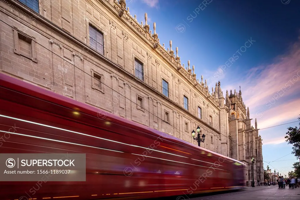 Streetcar passing by in front of Seville´s Cathedral, Spain