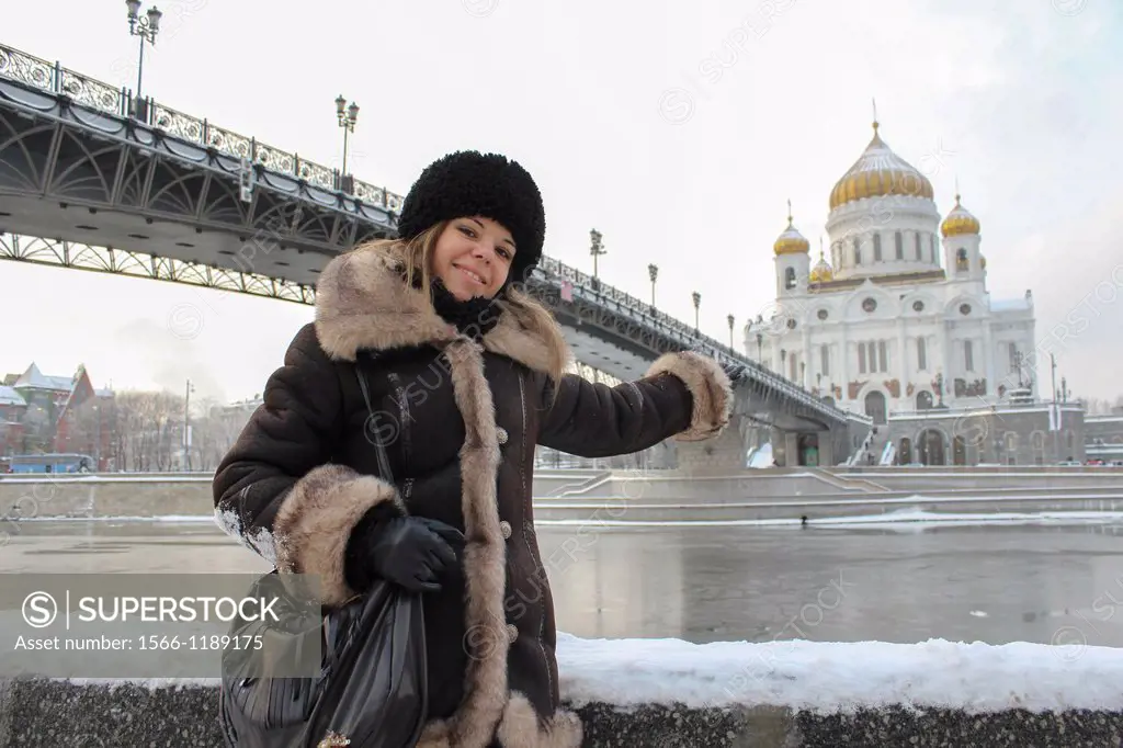 Tourist at the Cathedral of Christ the Savior and Moskva River Moscow Russia