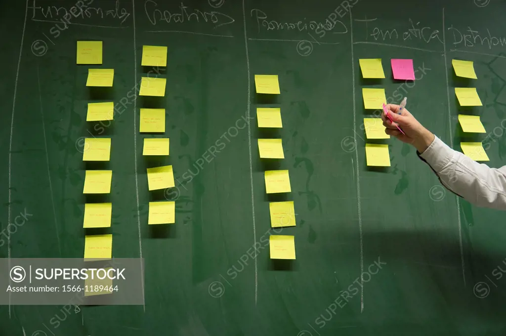 brainstorming with post-it on a blackboard