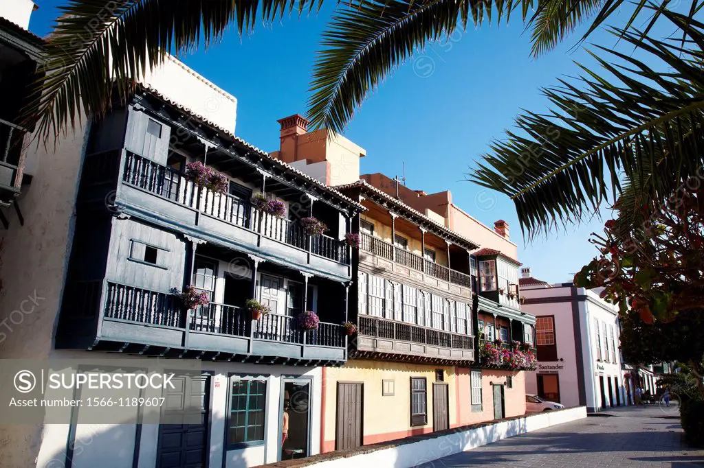 Typical balconies, Avenida Maritima, Santa Cruz de La Palma, La Palma, Canary Island, Spain.