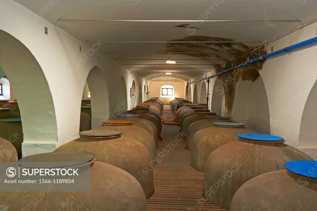 Montilla, Navarro Wine Cellar, jars, Montilla-Moriles Wine Route, Cordoba, Andalusia, Spain.