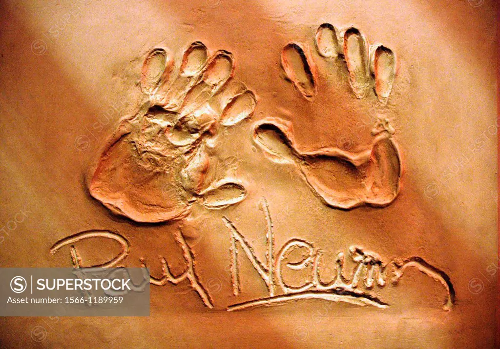 New York City, Paul Newmans hands imprint at Planet Hollywood Restaurant, Times Square, Midtown Manhattan