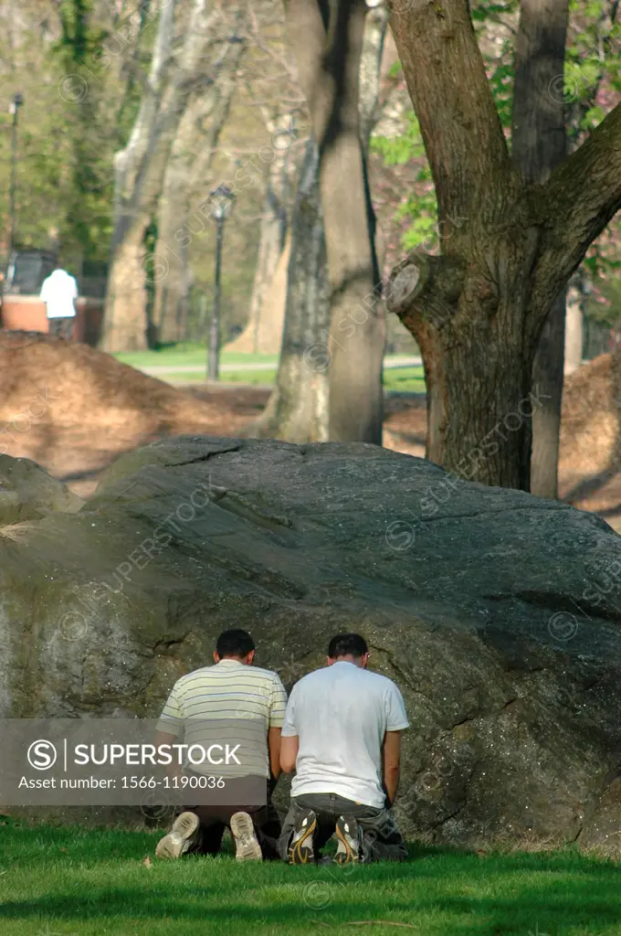 New York City, Muslim men praying at Central Park, Manhattan