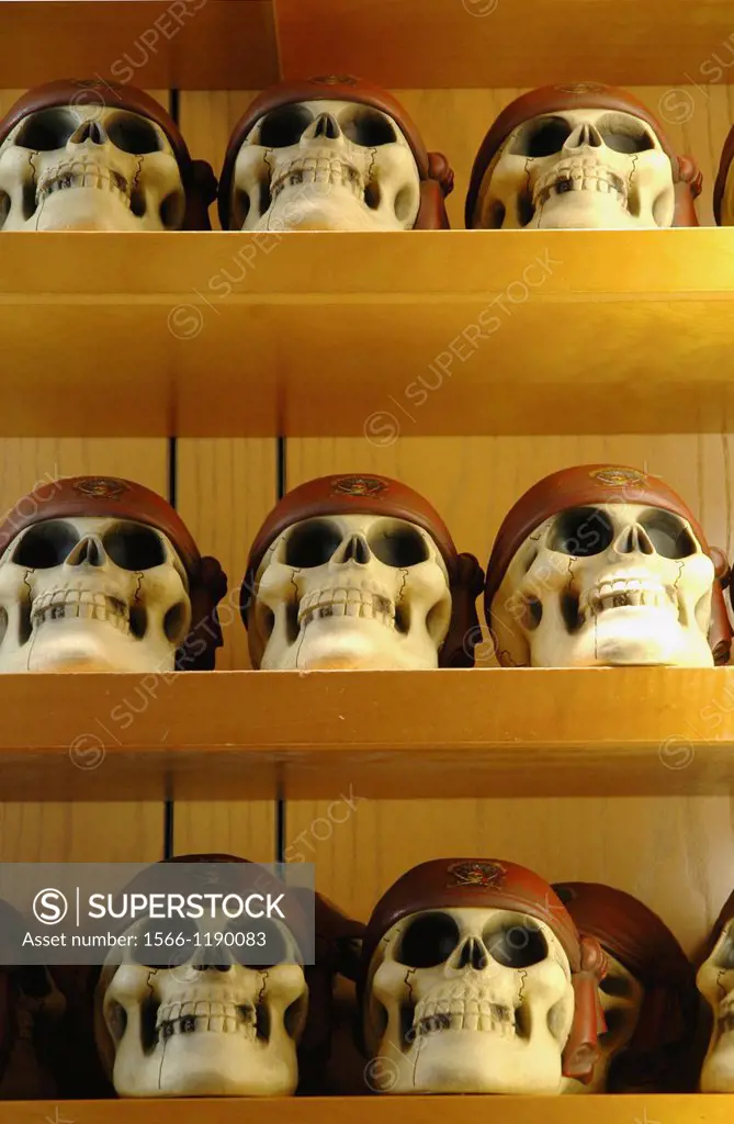 New York City, pirate skulls at the Walt Disney Store along Fifth Avenue, Manhattan