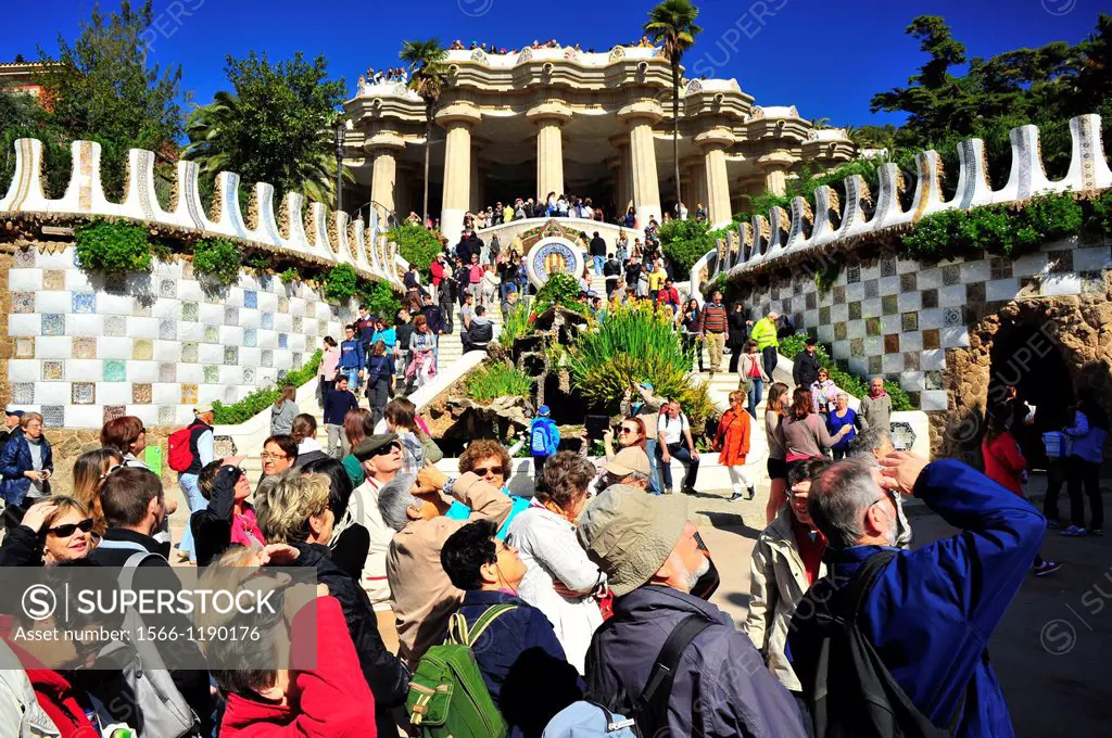 Main entrance to Guell Park, Guell Park, Antoni Gaudi i Cornet twentieth century, Barcelona, Catalonia, Spain.