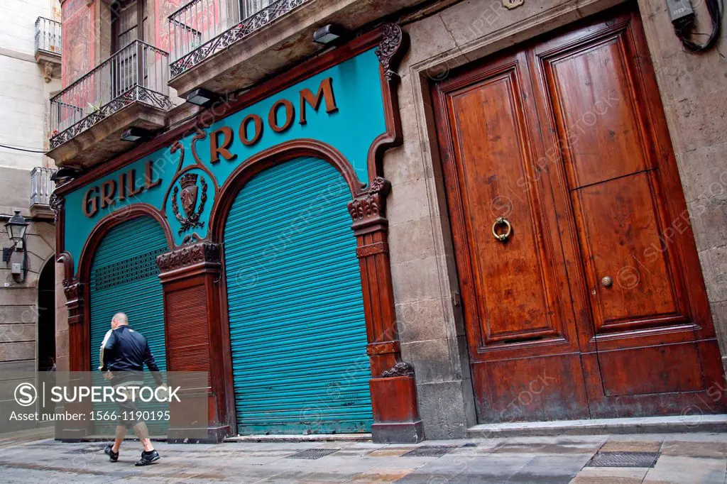 blue shutters, Gothic Quarter, Barcelona, Catalonia, Spain