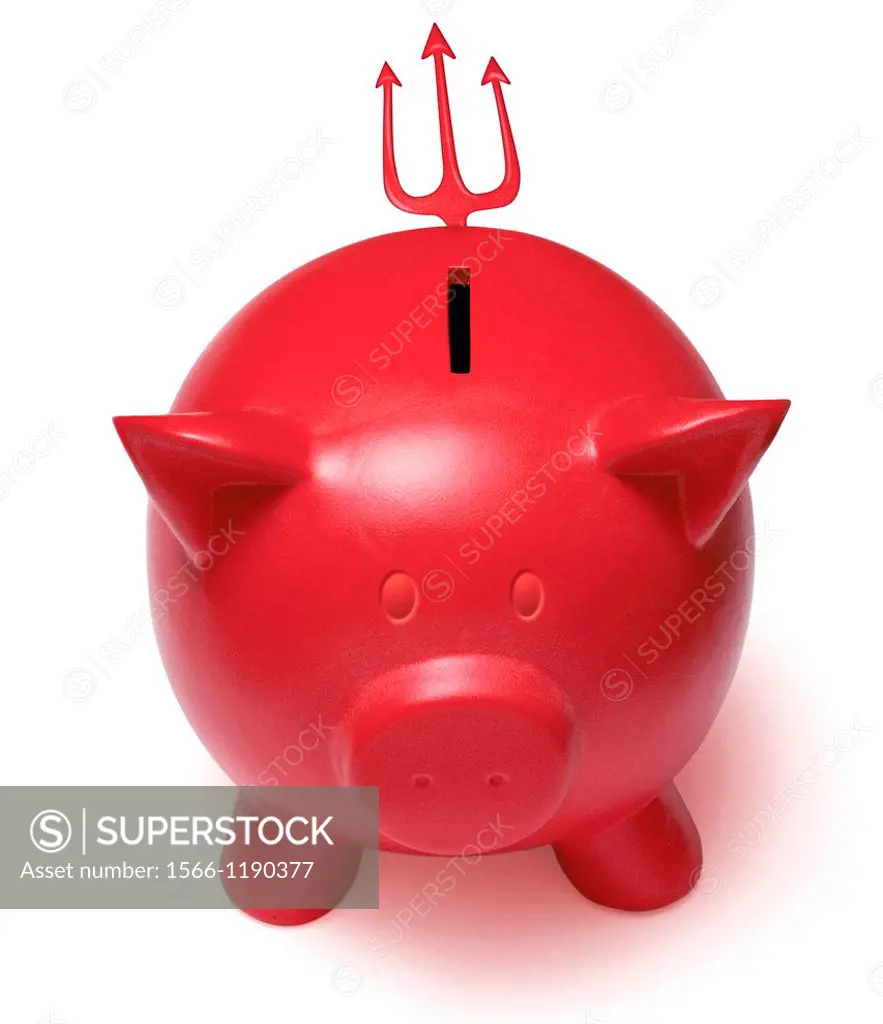 Red devil piggy bank with horned ears and a trident tail on a white background