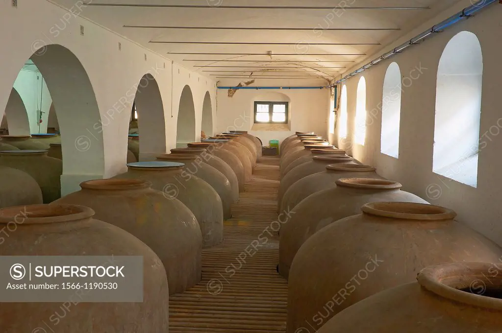 Montilla, Navarro Wine Cellar, jars, Montilla-Moriles Wine Route, Cordoba, Andalusia, Spain.