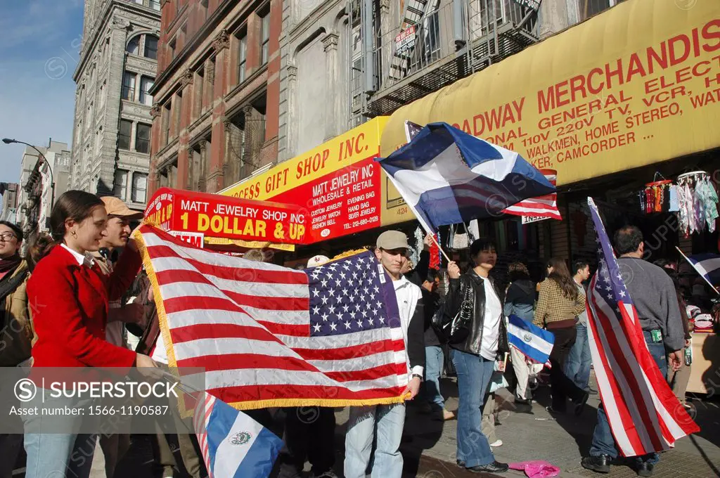 New York City, Latin American immigrants with the American flag, protesting against too strict laws, Manhattan