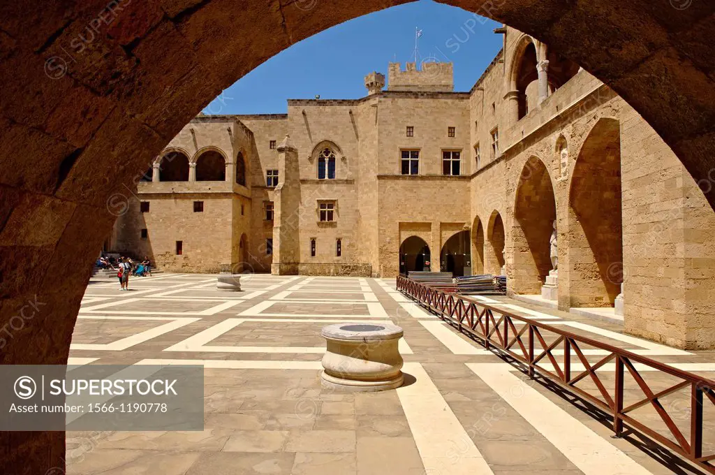 Inner courtyard of the 14th century medieval palace of the Grand Master of the Kinights of St John, Rhodes, Greece  UNESCO World Heritage Site