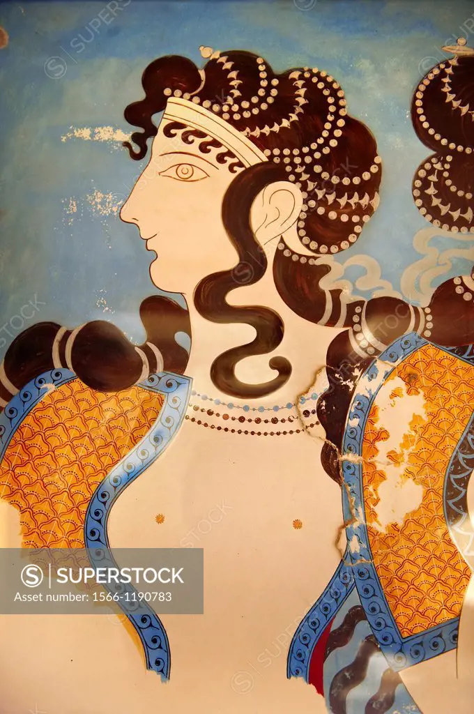 Arthur Evans reconstruction of Dancing girl fresco from the Queen´s megaron at Knossos  Knossos Minoan archaeological site, Crete
