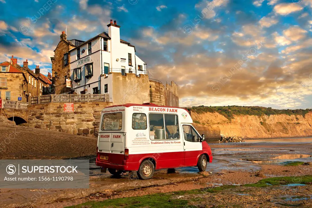 Ice Cream Van on the slipway of historic fishing village of Robin Hood´s Bay, Near Whitby, North Yorkshire, England
