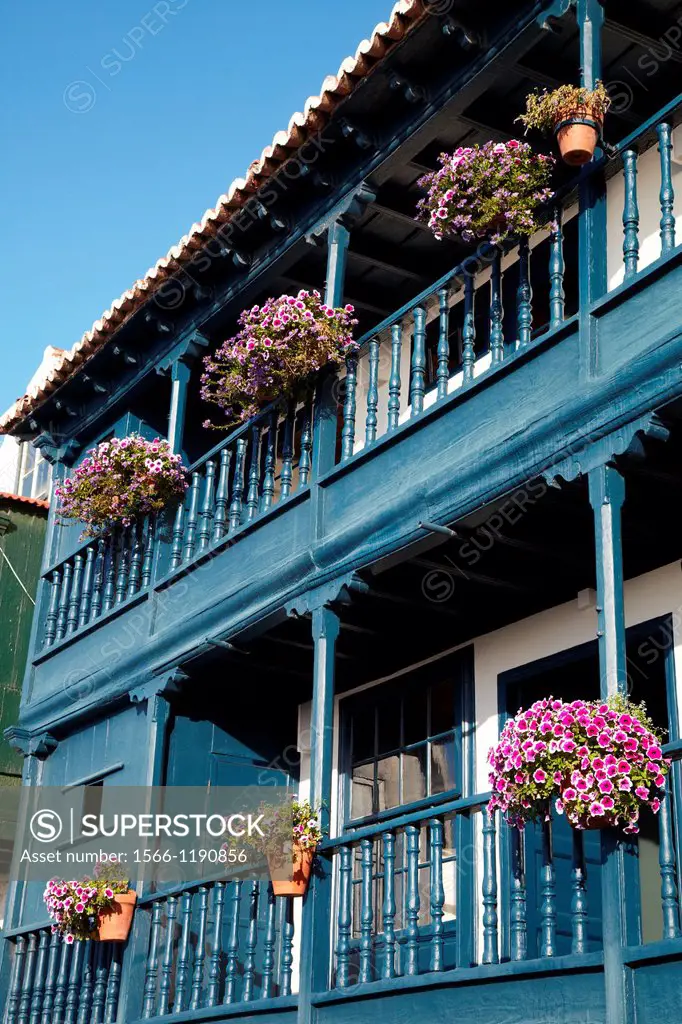 Typical balconies, Avenida Maritima, Santa Cruz de La Palma, La Palma, Canary Island, Spain.
