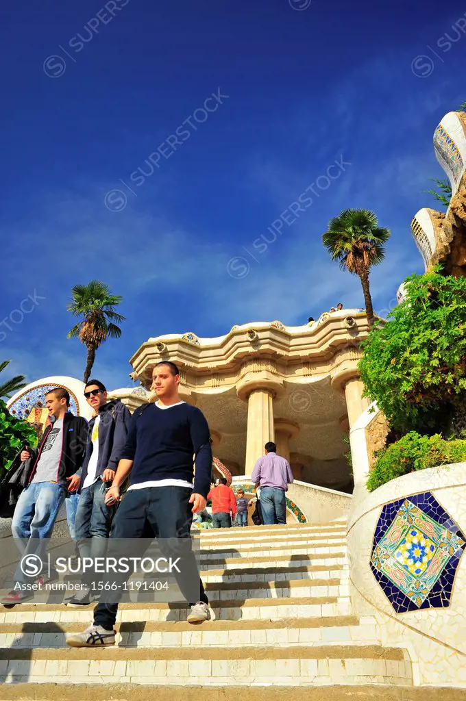 Stairs from the main entrance to Güell Park and hypostyle hall in the background, Guell Park, Antoni Gaudi i Cornet twentieth century, Barcelona, Cata...
